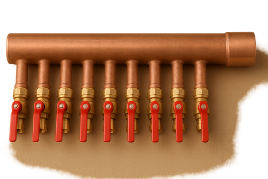 Manifold, 8-port with 1/2" valves, Copper, Sweat Closed, Right, 1"