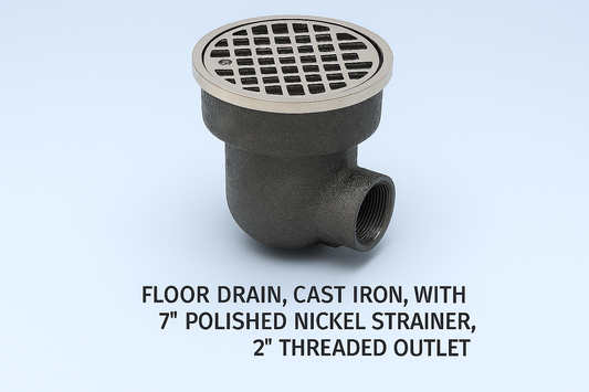 Floor Drain, Cast Iron, with 7" Polished Nickel Strainer, 2" Threaded Outlet